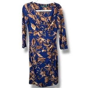 Lauren Ralph Lauren LRL Navy Blue Tan Floral Print Faux Wrap Jersey Midi Dress